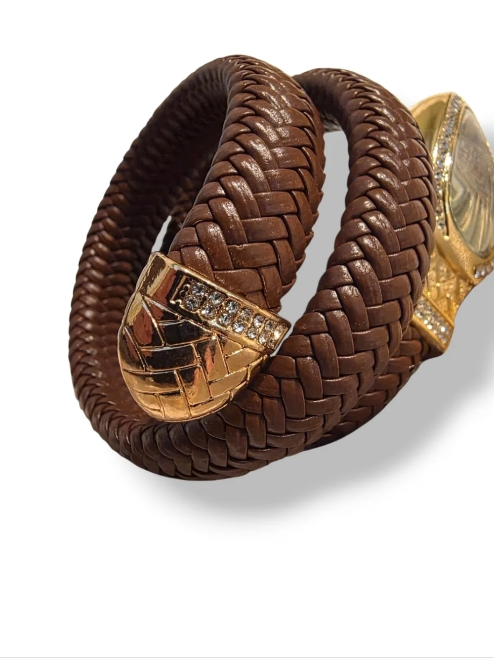 New! Serpent Wrap Watch • Brown Braided Leather Coil • Gold Crystal Bezel •NWOT